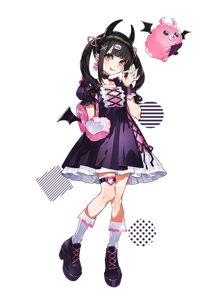 1girl, backpack, bag, black_choker, black_dress, black_hair, choker, creature, demon_horns, denonbu, dress, earrings, frills, gothic_lolita, hair_ribbon, heart, horns, jewelry, kneehighs, lolita_fashion, looking_at_viewer, mika_pikazo, official_art, puffy_sleeves, red_eyes, reml, ribbon, short_hair, smile, socks, solo, standing, tongue, tongue_out, transparent_background, twintails