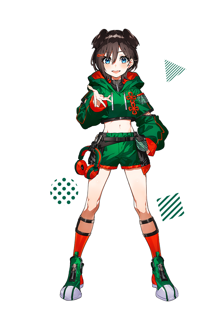 1girl, animal_ears, blue_eyes, brown_hair, crop_top, denonbu, dog_ears, hair_ornament, hairpin, headphones, hood, long_sleeves, looking_at_viewer, midriff, mika_pikazo, official_art, ogami_matoi, open_mouth, outstretched_arm, short_hair, shorts, smile, socks, solo, transparent_background