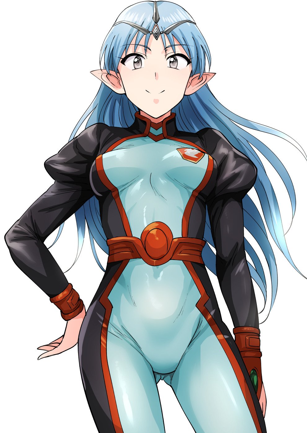 1girl, blue_eyes, blue_hair, bodysuit, breasts, circlet, closed_mouth, forehead_jewel