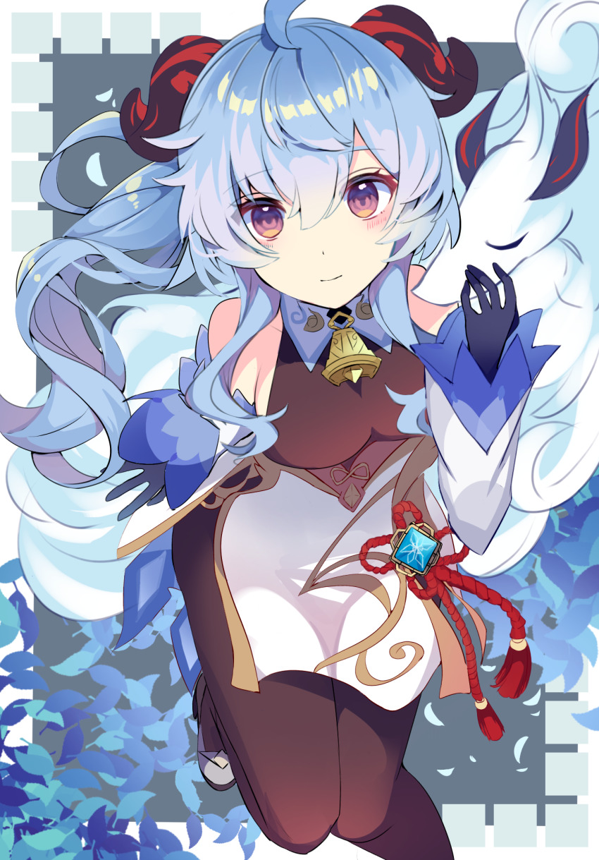 1girl, ahoge, bare_shoulders, bell, black_gloves, black_pantyhose, blue_hair, breasts