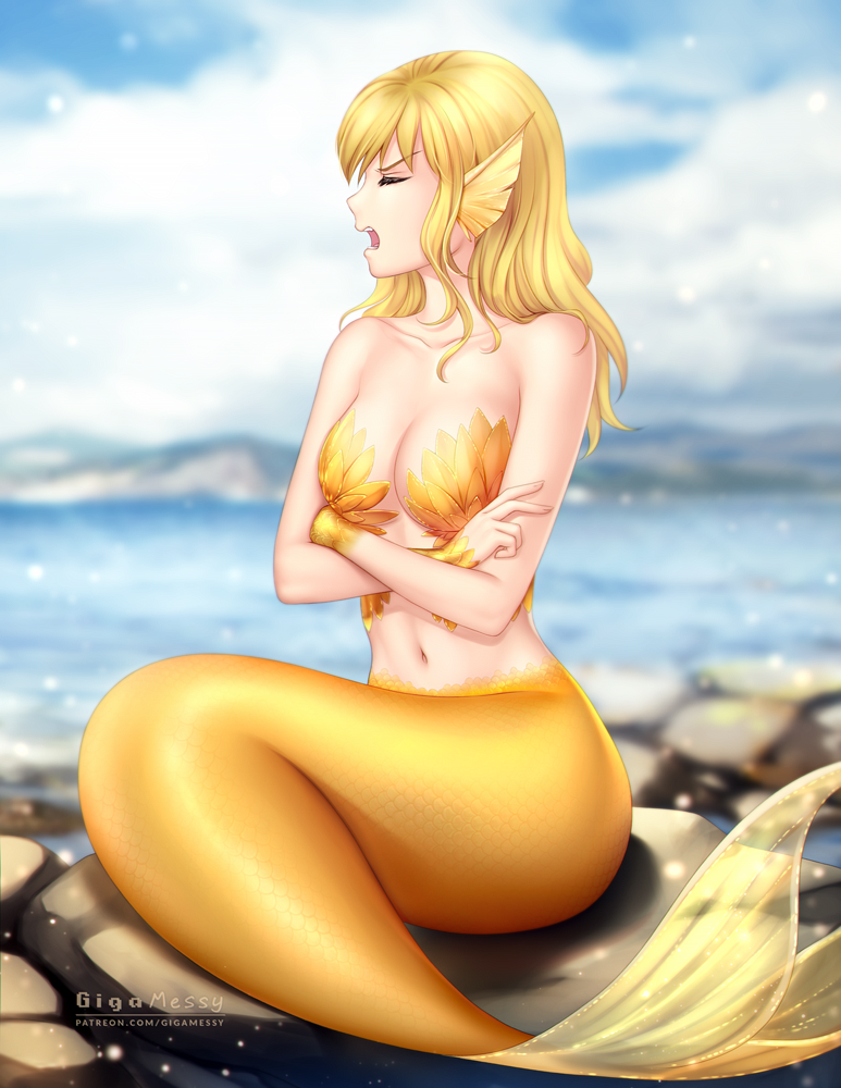 1girl, artist_name, blonde_hair, blurry, blurry_background, breasts, closed_eyes, cloud, cloudy_sky, commission, crossed_arms, fins, gigamessy, head_fins, long_hair, mermaid, monster_girl, monsterification, navel, ningyo_numa, open_mouth, outdoors, rock, scales, sitting, sky, solo, teeth, watermark, yamazaki_rin