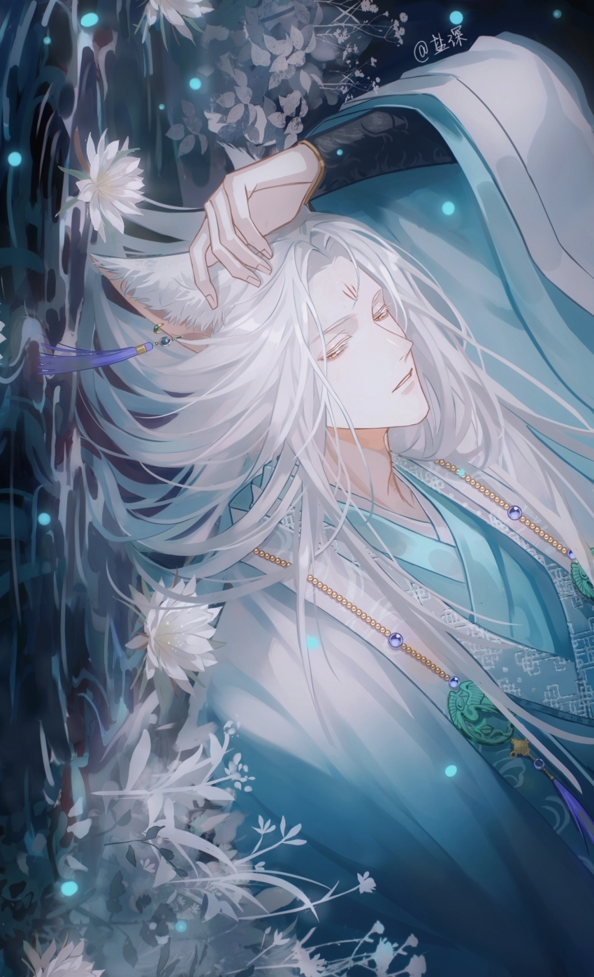 1boy, absurdres, animal_ears, bishounen, closed_eyes, facial_mark, flower, forehead_mark