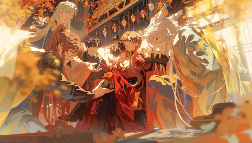 1girl, 5boys, absurdres, animal_ears, black_hair, brown_hair, charlie_su, chinese_clothes