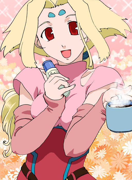 1girl, blonde_hair, coffee, detached_sleeves, female_focus, fiona_(zoids), getaroo, happy, open_mouth, red_eyes, salt_shaker, solo, steam, zoids, zoids_chaotic_century