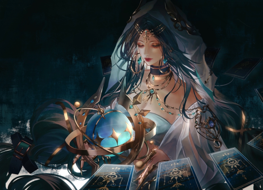 1girl, absurdres, aqua_gem, ball, breasts, card, character_request, circlet