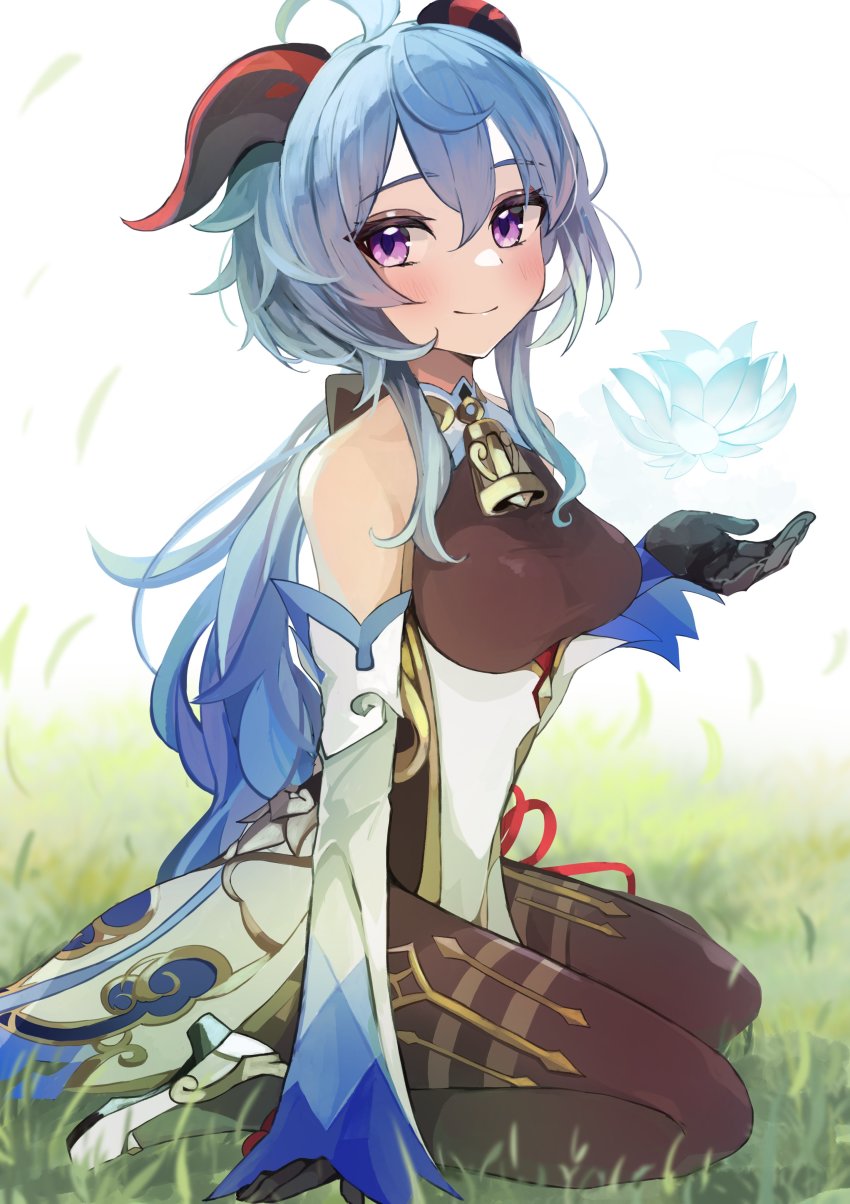 1girl, absurdres, ahoge, bare_shoulders, bell, black_gloves, blue_flower, blue_hair