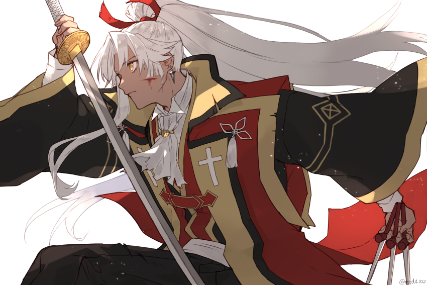 1boy, absurdres, alternate_hair_length_(longer), amakusa_shirou_(fate), amakusa_shirou_(third_ascension)_(fate), ascot, black_keys_(type-moon), blood