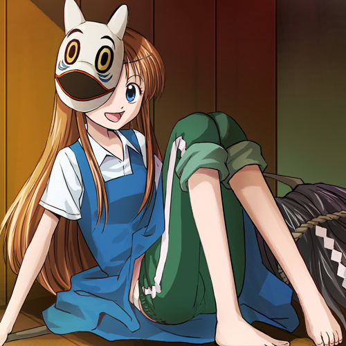 1girl, apron, barefoot, blue_eyes, brown_hair, collar, collared_shirt, female_focus, gohei, green_pants, haruyama_kazunori, knees_together_feet_apart, knees_up, long_hair, looking_at_viewer, lowres, mask, mishima_touko, open_mouth, panties, pants, panty_peek, shirt, short_sleeves, sitting, smile, solo, sportswear, sunlight, toes, track_pants, underwear, white_panties, white_shirt, yume_tsukai