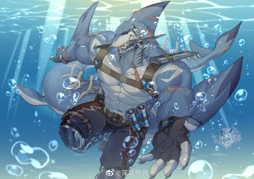 1boy, artist_name, bara, black_gloves, black_pants, black_sclera, blue_background, blue_eyes, blue_skin, bubble, chest_harness, chinese_commentary, claws, colored_sclera, colored_skin, dagger, destroycode, dorsal_fin, fingerless_gloves, fins, fish_tail, full_body, furry, furry_male, gills, gloves, grin, harness, highres, knife, looking_at_viewer, male_focus, mechabare, mouth_hold, muscular, muscular_male, original, outstretched_arm, pants, red_pants, scar, scar_on_arm, scar_on_neck, scar_on_tail, shark_boy, shark_tail, sharp_teeth, smile, solo, tail, teeth, topless_male, underwater, unsheathed, watermark, weapon, weibo_watermark, white_skin