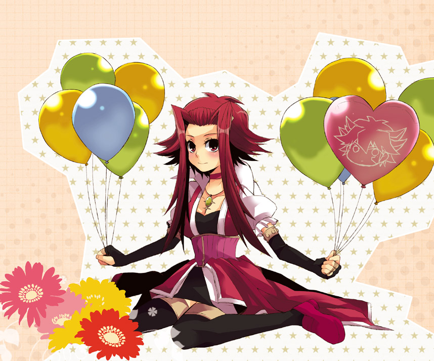 1girl, balloon, choker, elbow_gloves, female_focus, fingerless_gloves, flower, fudo_yusei