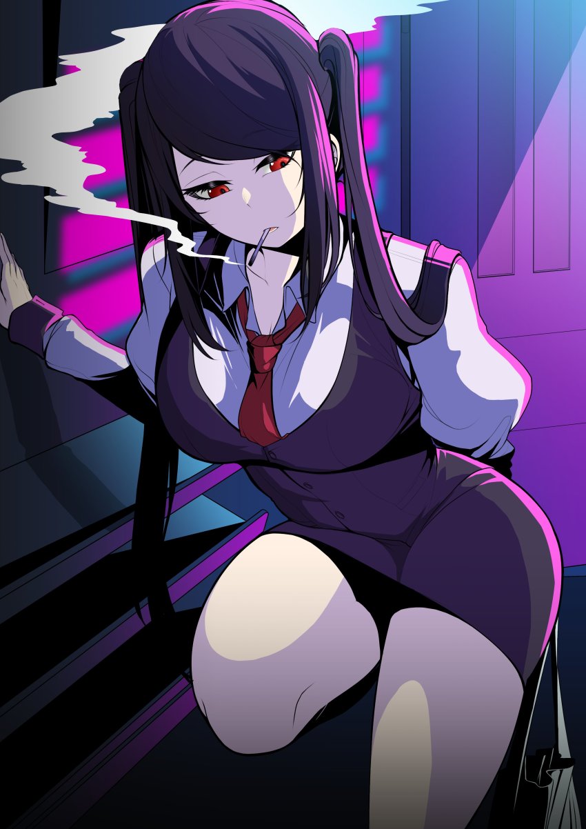 1girl, absurdres, cigarette, highres, jill_stingray, long_hair, necktie, purple_hair