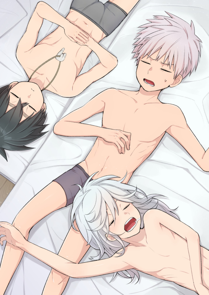 3boys, androgynous, black_hair, boxer_briefs, closed_eyes, closed_mouth, feet_out_of_frame, from_above, grey_boxer_briefs, grey_male_underwear, hair_between_eyes, iwakiyamayukisatoshironanogojuurokushi_akira, kemono_jihen, kusaka_kabane, long_hair, lower_teeth_only, lying, male_focus, male_underwear, monster_boy, multiple_boys, on_back, open_mouth, own_hands_together, purple_boxer_briefs, purple_male_underwear, short_hair, shota, simple_background, sleeping, sy180, tademaru_shiki, teeth, topless_male, underwear, upper_body, upper_teeth_only, white_background, white_hair