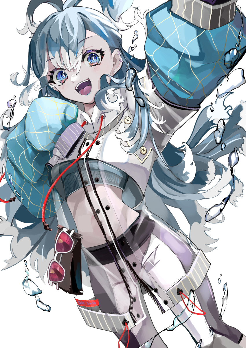 1girl, :d, absurdres, arm_up, blue_eyes, blue_hair, bright_pupils, buttons