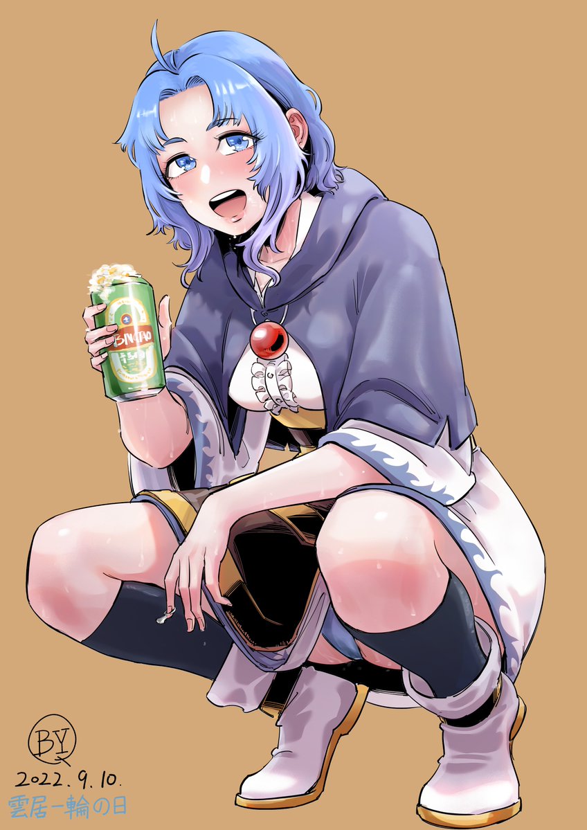 1girl, :d, antenna_hair, baiyangqi, beer_can, black_socks, blue_eyes, blue_hair, blue_panties, blush, boots, breasts, brown_background, cameltoe, can, center_frills, collarbone, commentary_request, dated, dress, drink_can, drunk, eyes_visible_through_hair, frills, full-face_blush, full_body, gold_trim, happy, holding, holding_can, hood, hood_down, kesa, kneehighs, kumoi_ichirin, large_breasts, looking_at_viewer, medium_hair, open_mouth, panties, pantyshot, parted_bangs, round_teeth, signature, simple_background, slav_squatting, smile, socks, solo, squatting, sweat, teeth, three-quarter_sleeves, touhou, underwear, upper_teeth_only, western_spy_squatting, white_boots, white_dress, wide_sleeves