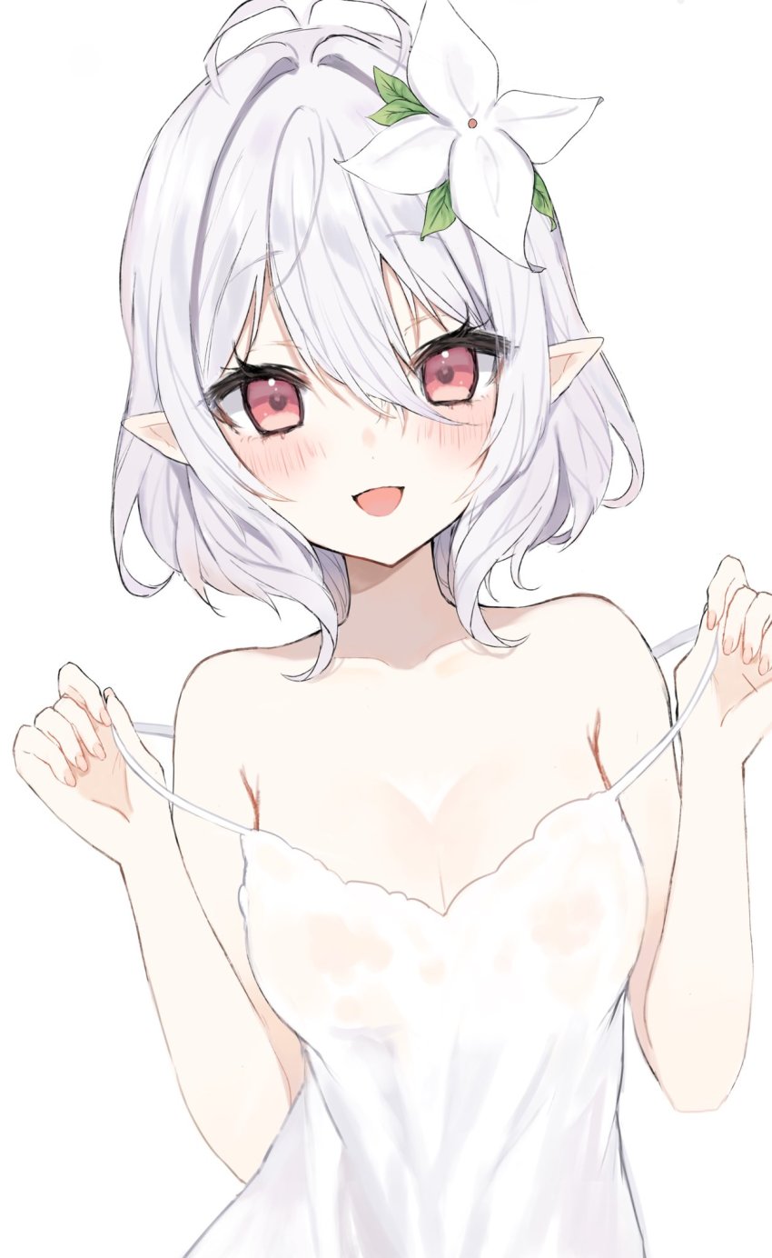 1girl, alternate_breast_size, antenna_hair, blush, breasts, camisole, camisole_pull, clothes_pull, commentary_request, dress, eyelashes, flower, hair_between_eyes, hair_flower, hair_ornament, highres, kokkoro_(princess_connect!), looking_at_viewer, medium_breasts, off_shoulder, open_mouth, pink_eyes, pointy_ears, princess_connect!, short_hair, simple_background, solo, upper_body, white_background, white_dress, white_flower, yupi_(yuyupiko01)