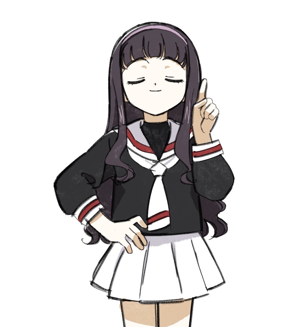 1girl, black_hair, black_shirt, blunt_bangs, cardcaptor_sakura, closed_eyes, cowboy_shot, daidouji_tomoyo