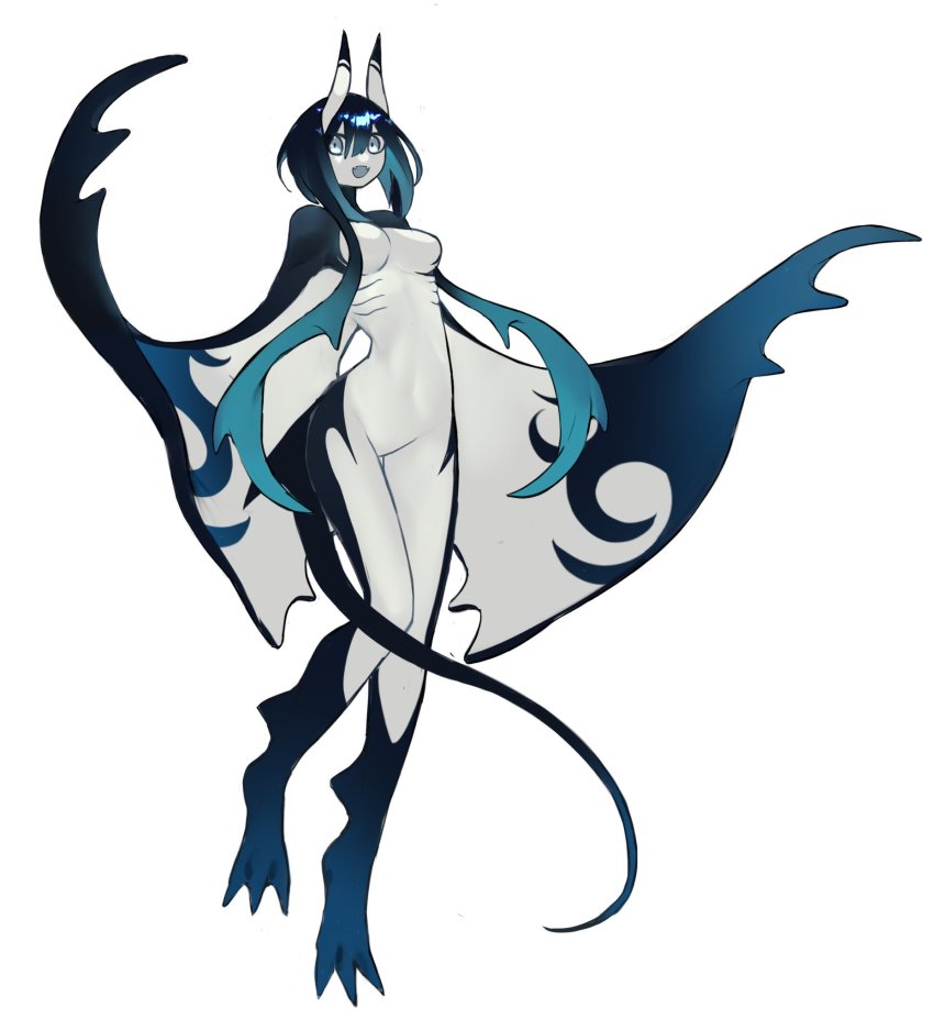 1girl, :d, blue_eyes, blue_hair, breasts, colored_skin, fewer_digits, fish_girl, full_body, gills, highres, horns, long_hair, looking_at_viewer, manta_ray_girl, medium_breasts, monster_girl, no_hands, open_mouth, original, ruteko_(ruko220), sidelocks, simple_background, smile, solo, white_background, white_skin