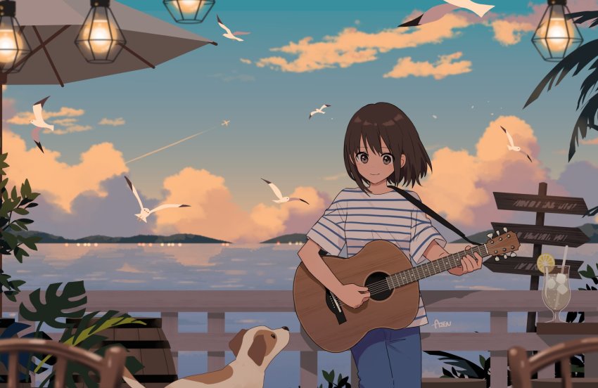 1girl, acoustic_guitar, arisa_(aren), artist_name, black_eyes, black_hair, blue_pants, closed_mouth