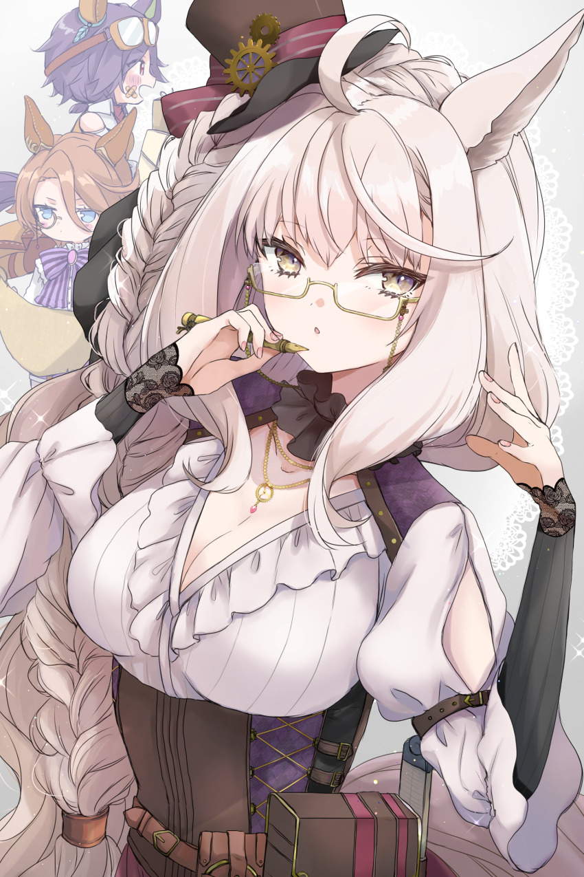 3girls, :o, absurdres, ahoge, animal_ears, arm_garter, bandage_on_face, bandages, belt, biwa_hayahide_(uchronia_architect)_(umamusume), biwa_hayahide_(umamusume), black_hair, black_headwear, blue_eyes, bow, bowtie, braid, breasts, brown_belt, brown_hair, cleavage_cutout, clothing_cutout, commentary, ear_covers, goggles, goggles_on_head, grey_hair, hair_between_eyes, hair_tie, hat, highres, holding, holding_pen, horse_ears, horse_girl, jewelry, long_bangs, long_hair, long_sleeves, looking_at_viewer, looking_to_the_side, medium_breasts, monocle, multiple_girls, narita_taishin_(difference_engineer)_(umamusume), narita_taishin_(umamusume), necklace, official_alternate_costume, pen, pouch, purple_bow, purple_bowtie, semi-rimless_eyewear, shirt, short_hair, side_braid, side_ponytail, standing, steampunk, tilted_headwear, top_hat, touko_56, umamusume, under-rim_eyewear, underbust, very_long_hair, white_shirt, winning_ticket_(dream_deliverer)_(umamusume), winning_ticket_(umamusume), yellow-framed_eyewear, yellow_eyes