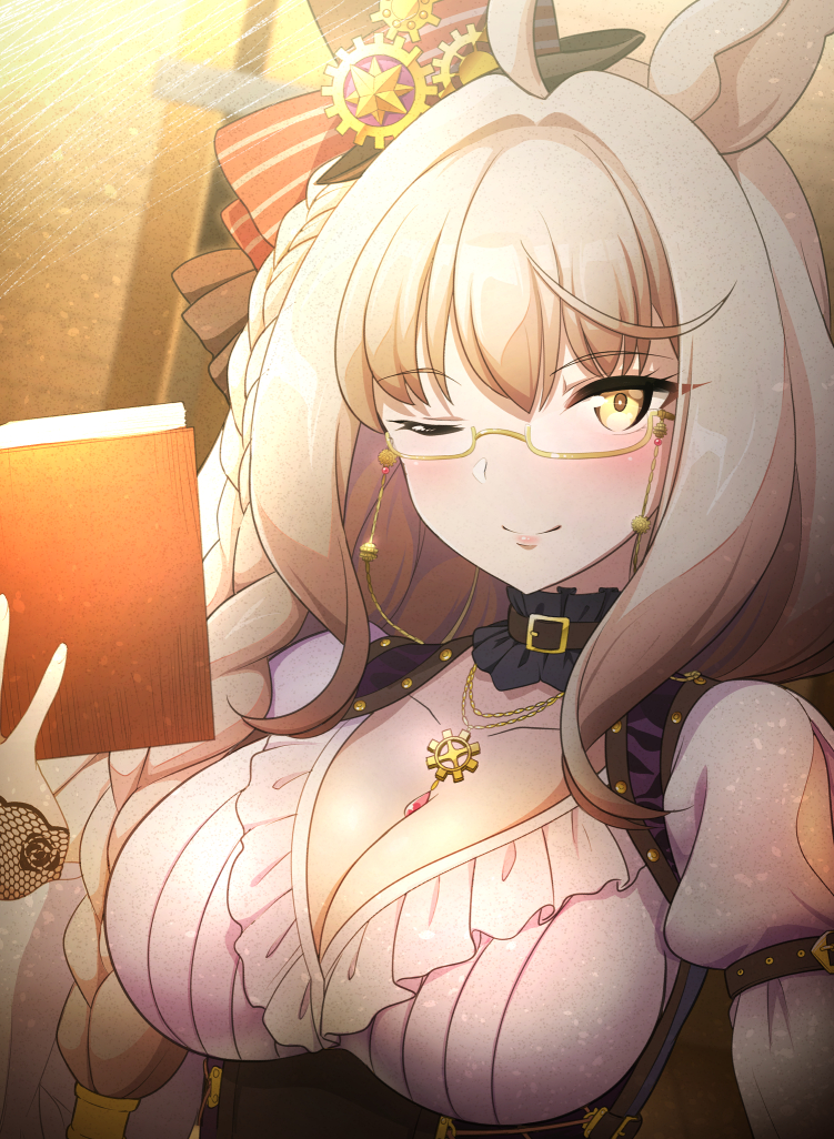 1girl, ;), ahoge, animal_ears, arm_garter, biwa_hayahide_(uchronia_architect)_(umamusume), biwa_hayahide_(umamusume), black_collar, black_hat, book, braid, breasts, cleavage, closed_mouth, collar, commentary_request, detached_collar, frilled_collar, frilled_shirt, frills, gear_hat_ornament, glasses, grey_hair, hair_over_shoulder, hat, hat_ornament, holding, holding_book, horse_ears, horse_girl, jewelry, kayama_kenji, large_breasts, long_sleeves, looking_at_viewer, necklace, one_eye_closed, partial_commentary, shirt, side_braid, side_ponytail, smile, solo, tilted_headwear, top_hat, umamusume, underbust, upper_body, white_shirt, yellow-framed_eyewear, yellow_eyes