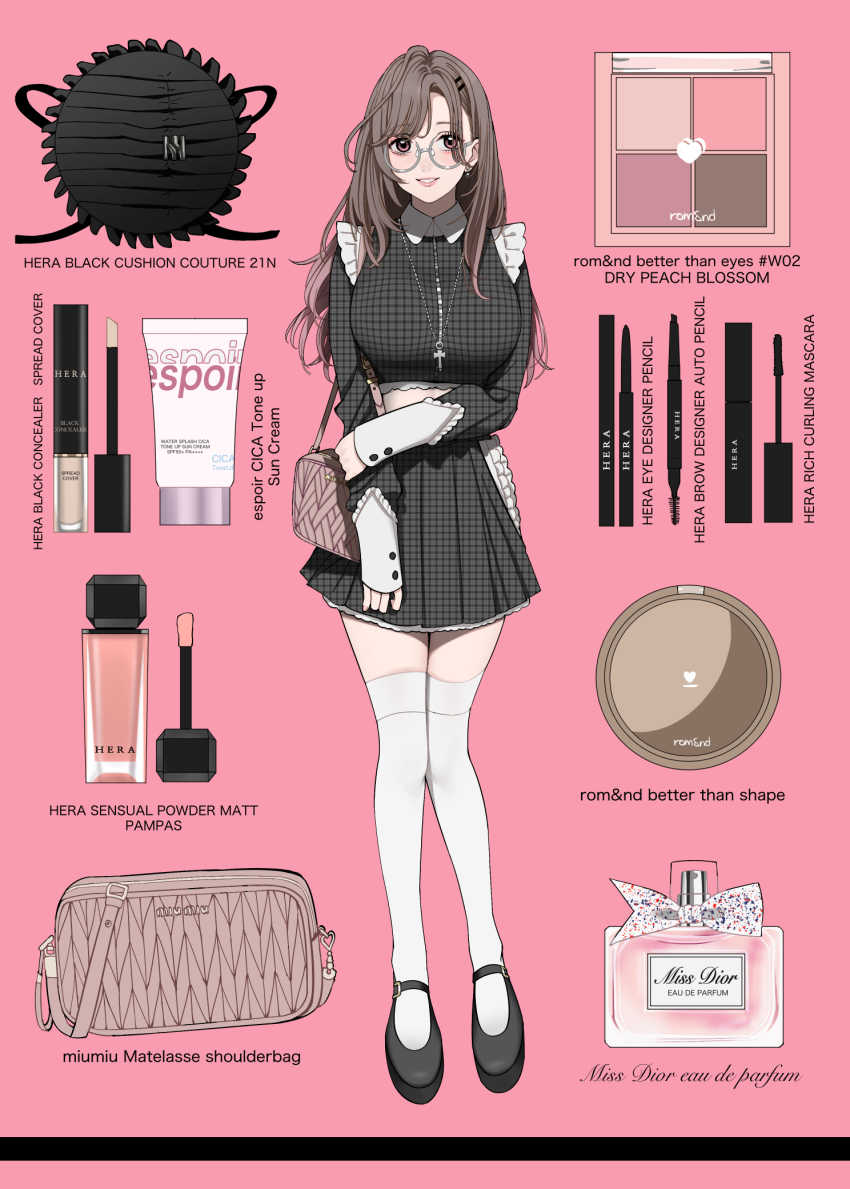 1girl, bag, black_shirt, black_shoes, black_skirt, bottle, breasts, brown_eyes