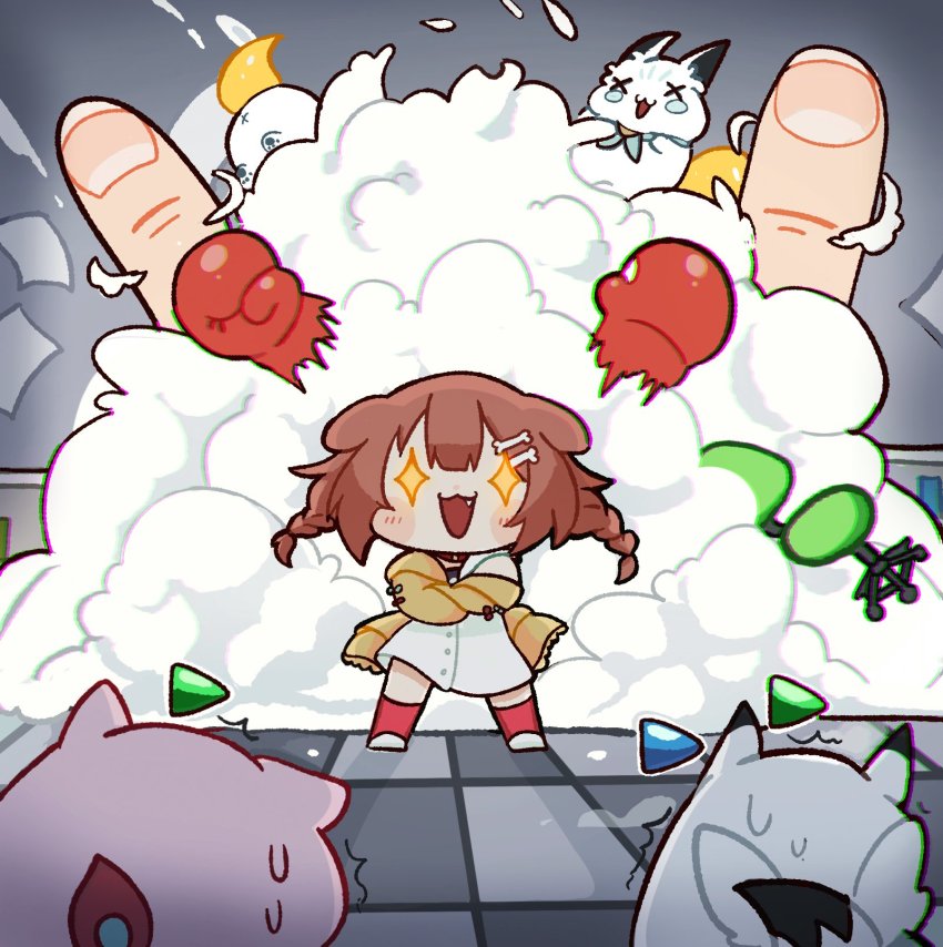 +_+, 1girl, :3, animal_ears, bone_hair_ornament, braid, brown_hair, chair