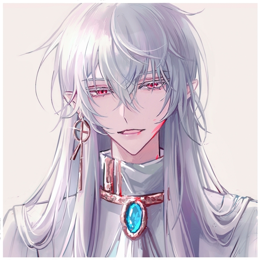 1boy, aqua_gem, bishounen, crossed_bangs, earrings, enjioer, gem, highres, jewelry, long_hair, looking_at_viewer, male_focus, pink_eyes, pointy_ears, solo, thriller_trainee, upper_body, white_hair, zong_jiu