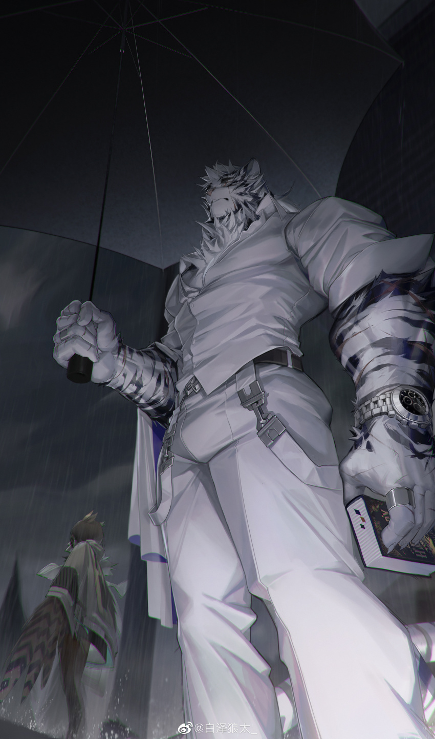 1boy, 1girl, absurdres, animal_ears, arknights, baizelangtai_(hallyswift), bara, belt