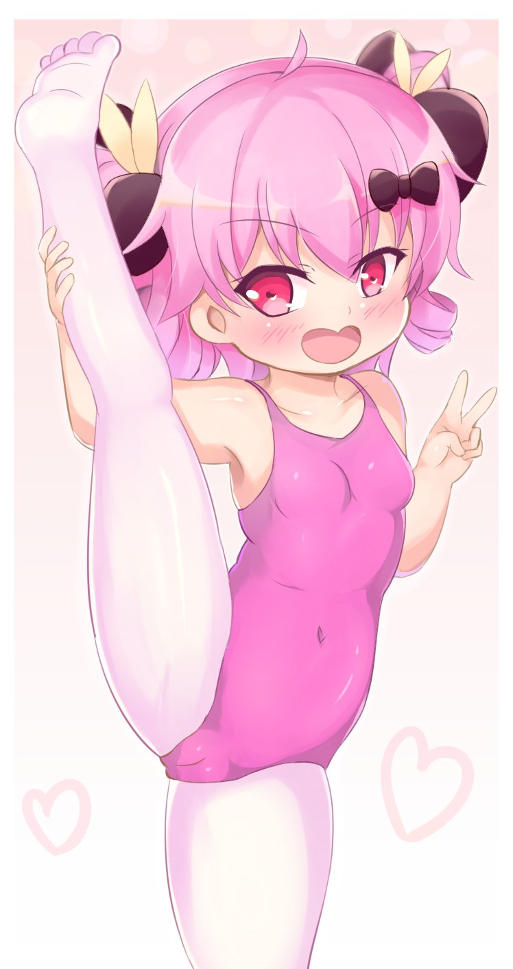 1girl, ballerina, cameltoe, daisy_(flower_knight_girl), flower_knight_girl, highres, leotard, loli, medium_hair, open_mouth, pink_eyes, pink_hair, pink_leotard, split, standing, standing_on_one_leg, v