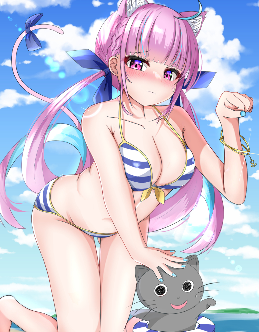 1girl, ahoge, anchor_bracelet, anchor_symbol, animal_ears, bare_arms, bare_legs, bare_shoulders, barefoot, bent_over, bikini, blue_bikini, blue_bow, blue_hair, blue_nails, blue_ribbon, blue_sky, blunt_bangs, blush, bow, bow_bikini, bracelet, braid, breasts, cat_ears, cat_girl, cat_tail, cleavage, closed_mouth, cloud, collarbone, colored_inner_hair, drill_hair, extra_ears, gluteal_fold, hair_bow, hair_ribbon, halterneck, highres, hololive, innertube, jewelry, knees_together_feet_apart, large_breasts, long_hair, looking_at_viewer, masaharu21, minato_aqua, minato_aqua_(hololive_summer_2019), multicolored_bikini, multicolored_hair, nail_polish, neko_(minato_aqua), paw_pose, pink_eyes, pink_hair, ribbon, sidelocks, sky, solo, streaked_hair, string_bikini, striped_bikini, striped_clothes, striped_innertube, sweatdrop, swim_ring, swimsuit, tail, tail_bow, tail_ornament, tail_ribbon, thigh_gap, thighs, twin_drills, two-tone_bikini, two-tone_hair, virtual_youtuber