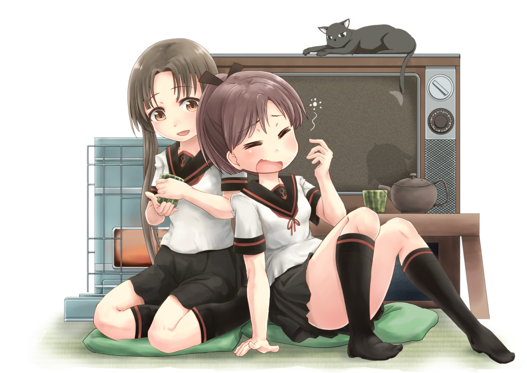 2girls, black_hair, black_skirt, black_socks, brown_hair, cat, crt, cup
