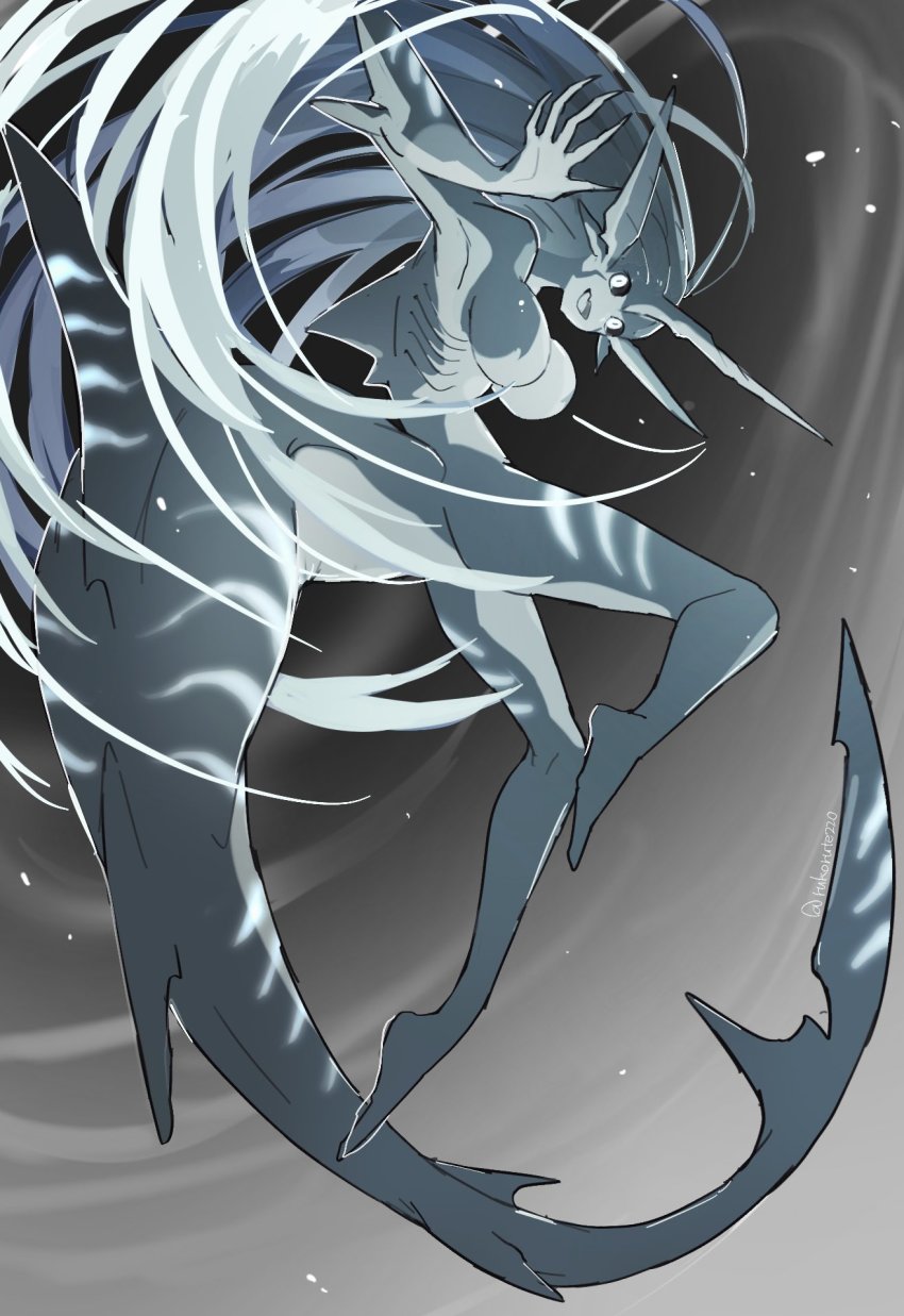 1girl, :d, animal_ears, black_sclera, breasts, colored_sclera, colored_skin, completely_nude