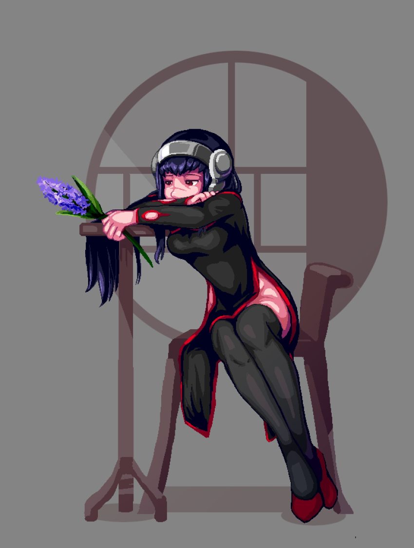 1girl, bare_shoulders, black_gloves, black_shirt, black_thighhighs, breasts, crop_top, crosscode, elbow_gloves, fingerless_gloves, gloves, highres, long_hair, looking_back, medium_breasts, purple_hair, red_eyes, sakai_shizuka_(crosscode), scar, shirt, sitting, sleeveless, sleeveless_shirt, sweat, thighhighs, very_long_hair