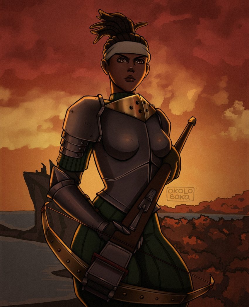 arbalest, arbalest_(darkest_dungeon), armor, black_hair, bow_(weapon), brown_eyes, crossbow, dark_skin, darkest_dungeon, evening, forest, gloves, headband, highres, nature, okolo_baka, sky, weapon