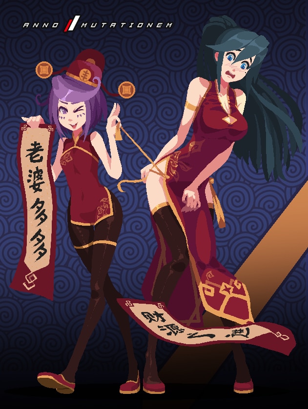 2girls, anno:mutationem, arm_support, blue_eyes, blush, breasts, cheongsam_blouse, chinese_clothes, chinese_new_year, clothes_lift, drawing_zero, hair_between_eyes, high_ponytail, hologram, indoors, large_breasts, long_hair, medium_breasts, mole, mole_under_eye, multiple_girls, new_years, ponytail, purple_hair, short_hair, smile, solo_focus, torn_clothes