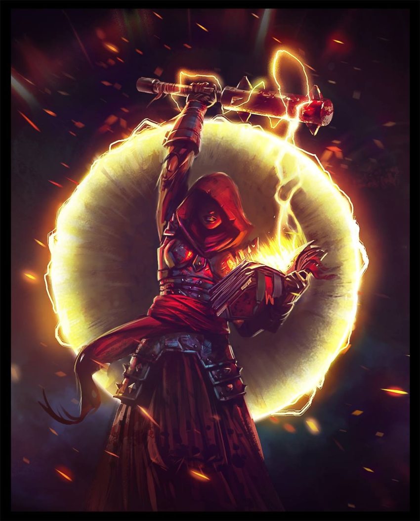 1girl, affliction_(darkest_dungeon), black_background, black_hair, breasts, brown_gloves, commentary, darkest_dungeon, english_commentary, gloves, habit, highres, medium_breasts, nun, scar, solo, vestal_(darkest_dungeon)