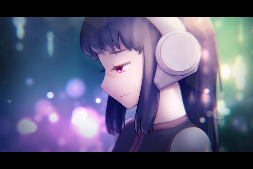 1girl, black_shirt, breasts, crosscode, long_hair, looking_back, purple_hair, red_eyes