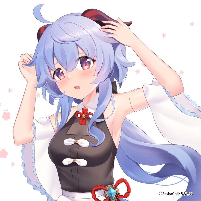1girl, ahoge, armpits, arms_up, artist_name, bare_shoulders, blue_hair, blush