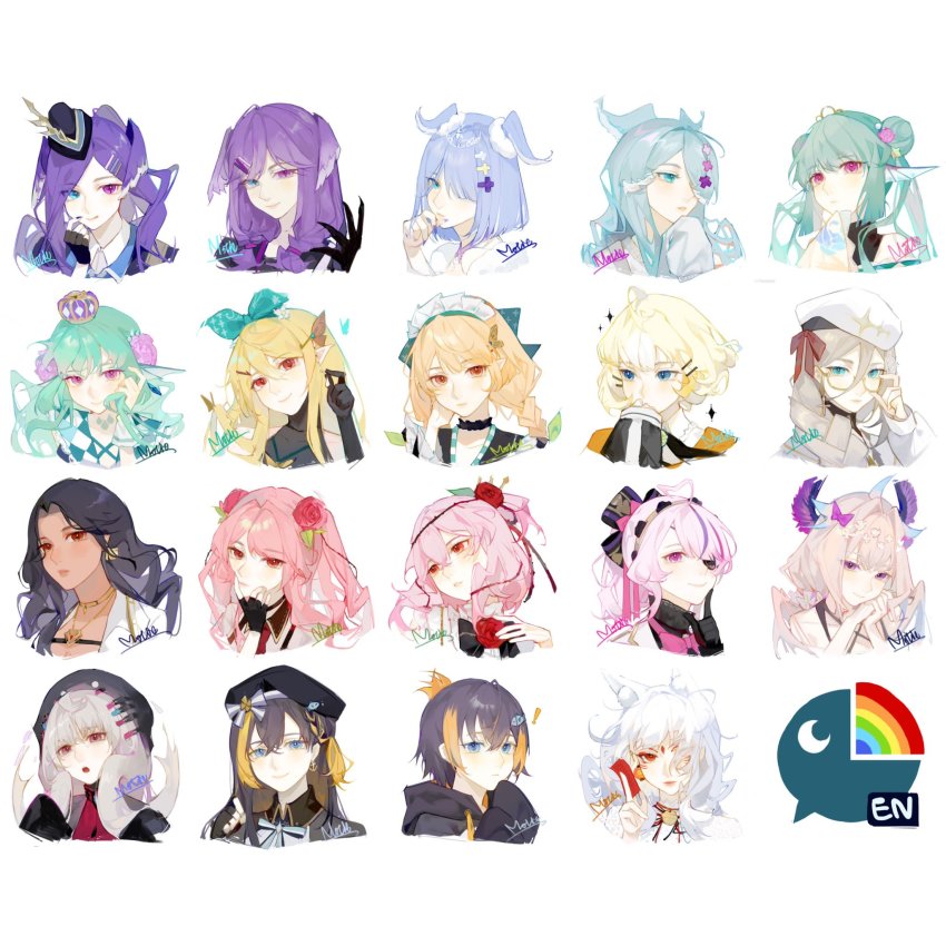 6+girls, :o, adjusting_eyewear, aia_amare, animal_ears, beret, black_hair, black_headwear