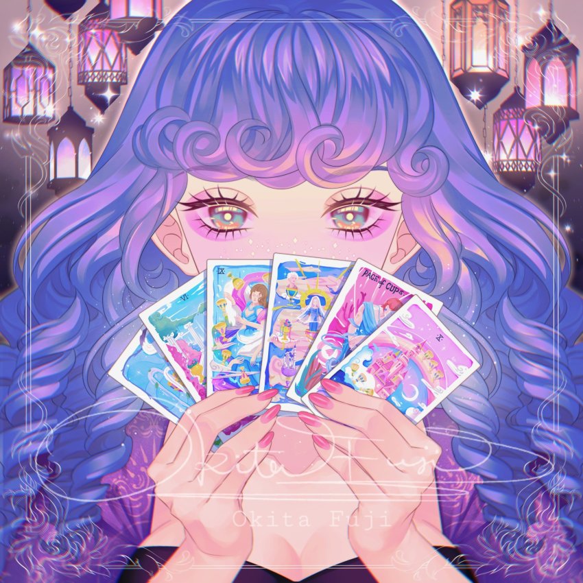 1girl, black_shirt, blue_hair, border, breasts, card, cleavage, covering_own_mouth, curly_hair, english_text, eyelashes, eyeshadow, freckles, gradient_hair, highres, holding, holding_card, lantern, large_breasts, makeup, multicolored_eyes, multicolored_hair, nail_polish, okitafuji, original, page_of_cups_(tarot), pink_eyeshadow, pink_nails, purple_hair, purple_sleeves, ringlets, shirt, solo, sparkle, tarot, tarot_card