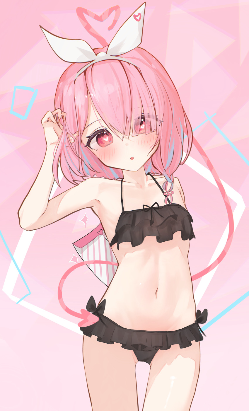 1girl, absurdres, alternate_color, alternate_eye_color, arm_up, armpits, arona_(blue_archive), bikini