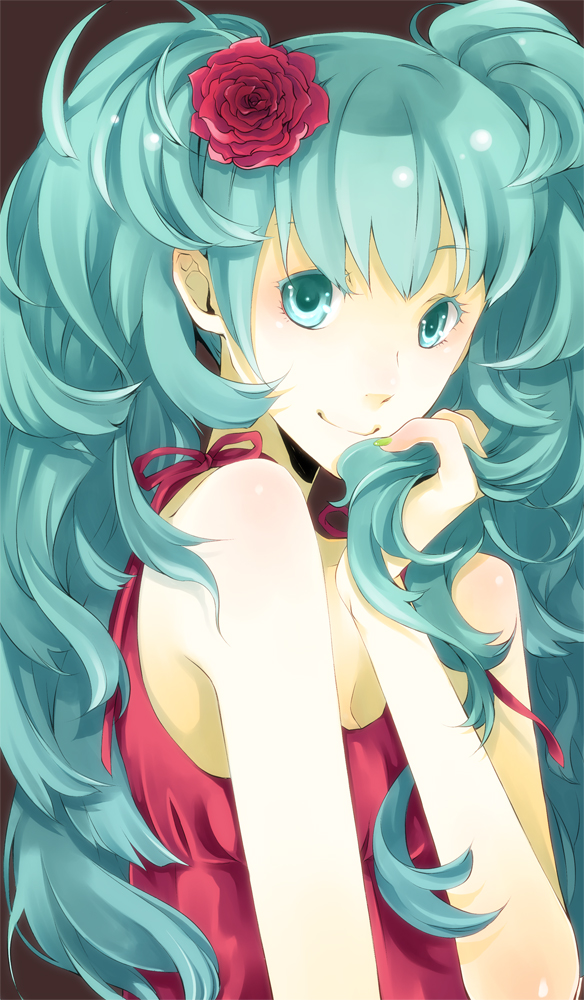 1girl, aqua_eyes, aqua_hair, female_focus, flower, green_nails, hair_flower, hair_ornament