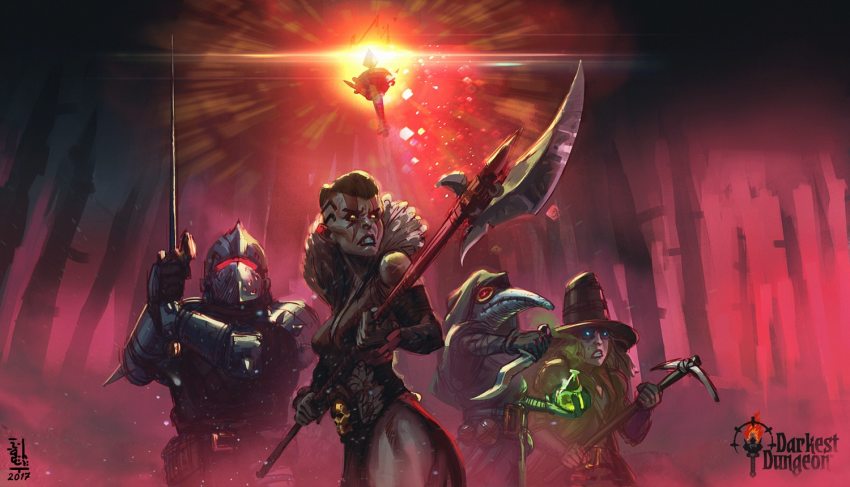 1boy, 3girls, arbalest_(darkest_dungeon), armor, artist_name, black_hair, boots, bow_(weapon), breasts, campfire, candle, canteen, commentary, crossbow, crusader_(darkest_dungeon), dark, darkest_dungeon, drinking, elbow_gloves, english_commentary, gloves, hellion_(darkest_dungeon), helmet, holding, holding_sword, holding_weapon, hood, hooded_robe, ibrahem_swaid, indoors, jewelry, leech, lorenzo_nuti, medium_breasts, multiple_girls, necklace, nipples, plague_doctor_(darkest_dungeon), plague_doctor_mask, pot, red_hair, robe, scar, shoulder_spikes, sitting, skull, spikes, standing, sword, thigh_strap, two-handed, watermark, weapon