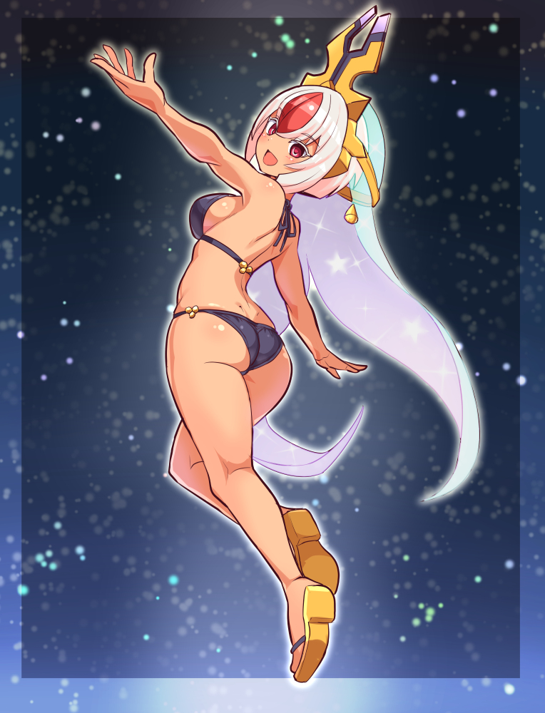 1girl, ass, azure_striker_gunvolt, azure_striker_gunvolt_3, bikini, breasts, cougar_(cougar1404), dark-skinned_female, dark_skin, dimples_of_venus, luxia_(gunvolt), medium_breasts, sandals, short_hair, swimsuit, textless_version, veil, white_hair, yellow_sandals