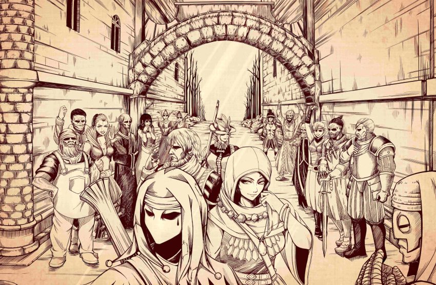 3girls, 6+boys, abomination_(darkest_dungeon), antibody_(darkest_dungeon), antiquarian_(darkest_dungeon), arbalest_(darkest_dungeon), armor, artist_name, ascot, banjo, black_hair, blush_stickers, boots, bounty_hunter_(darkest_dungeon), bow_(weapon), breastplate, breasts, campfire, candle, canteen, carriage, chain, coat, commentary, crossbow, crusader_(darkest_dungeon), cultist_priest_(darkest_dungeon), dark, darkest_dungeon, drinking, elbow_gloves, english_commentary, epaulettes, faceless, faceless_male, flagellant_(darkest_dungeon), flail, flesh_hound_(darkest_dungeon), gloves, gold_trim, hat, headscarf, heart_of_darkness_(darkest_dungeon), hellion_(darkest_dungeon), helmet, highres, holding, holding_sword, holding_weapon, holding_whip, hood, hooded_robe, horse, ibrahem_swaid, indoors, instrument, jester, jester_(darkest_dungeon), jester_cap, jewelry, leech, leper_(darkest_dungeon), lorenzo_nuti, marvin_seo, mask, medium_breasts, monster, multiple_boys, multiple_girls, necklace, nipples, plague_doctor_(darkest_dungeon), plague_doctor_mask, polyp_(darkest_dungeon), pot, red_hair, robe, scar, scene_reference, shambler_(darkest_dungeon), shoulder_spikes, sitting, skull, spikes, standing, sword, templar_sniper_(darkest_dungeon), templar_warlord_(darkest_dungeon), the_caretaker_(darkest_dungeon), the_heir_(darkest_dungeon), thigh_strap, two-handed, varamill, vestal_(darkest_dungeon), watermark, weapon