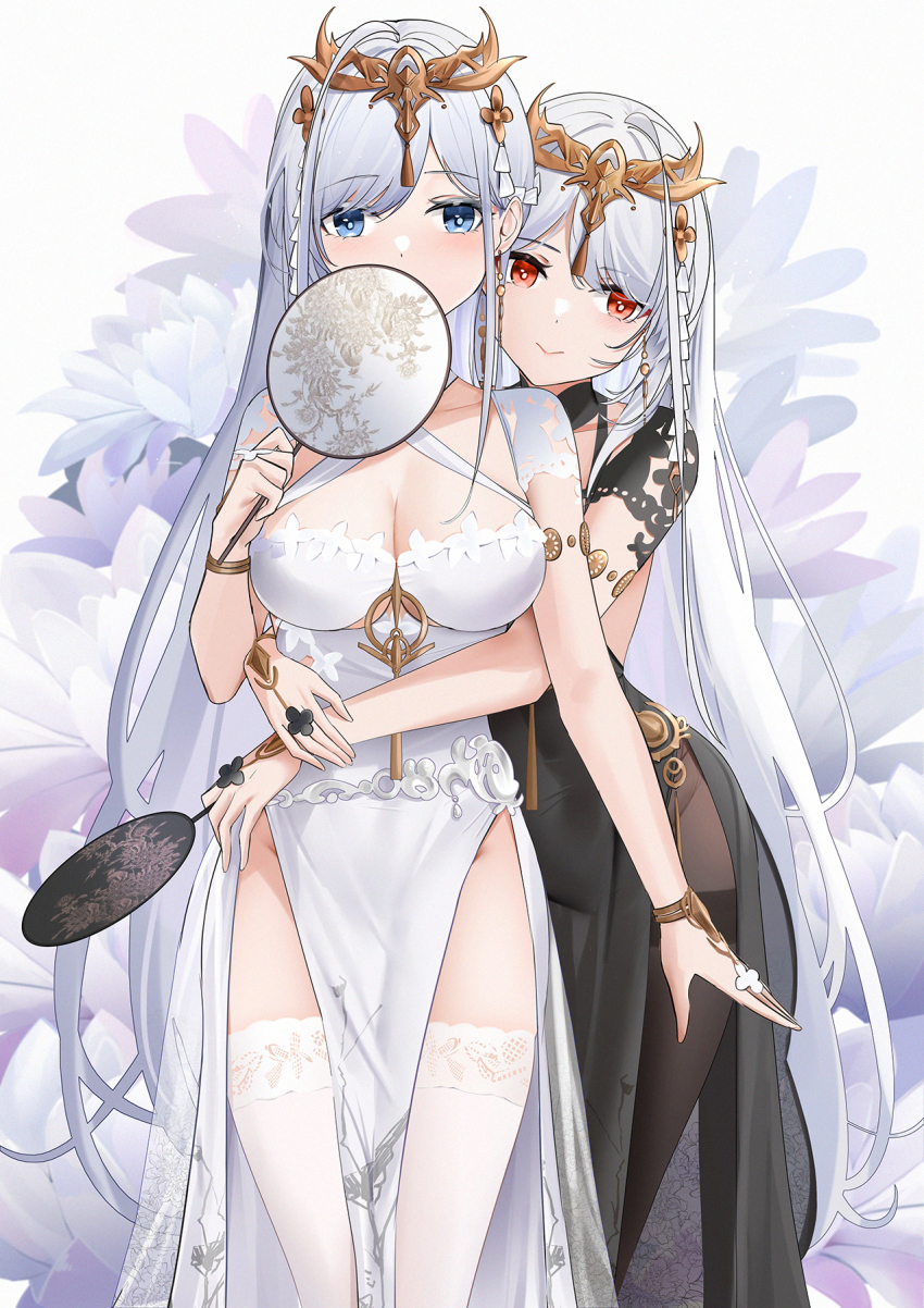 2girls, armlet, azur_lane, black_dress, blue_eyes, bracelet, breasts, bright_pupils, cleavage, cleavage_cutout, clothing_cutout, covered_mouth, covering_own_mouth, cowboy_shot, dress, dual_persona, emden_(azur_lane), emden_(moonsilver_union)_(azur_lane), groin, hair_ornament, hand_fan, hand_up, highres, holding, holding_fan, hug, hug_from_behind, jewelry, lace, lace-trimmed_legwear, lace_trim, large_breasts, long_hair, looking_at_viewer, multiple_girls, no_panties, official_alternate_costume, pantyhose, paper_fan, pelvic_curtain, qing_wu, red_eyes, standing, thighband_pantyhose, thighhighs, tiara, uchiwa, very_long_hair, white_dress, white_hair, white_pupils, white_thighhighs