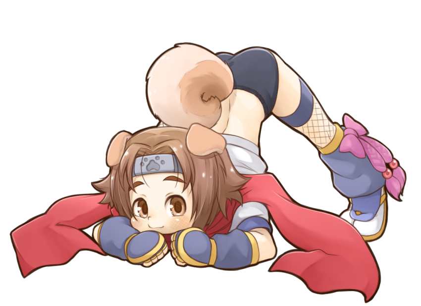 1girl, animal_ears, arcana_heart, arm_rest, ass, black_buruma, blue_gloves, blue_thighhighs