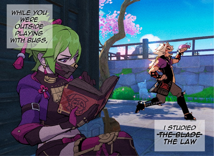 1boy, 1girl, arataki_itto, black_gloves, black_mask, black_shorts, body_markings, bodypaint, book, bracelet, closed_eyes, commentary, crop_top, cropped_jacket, earrings, english_commentary, english_text, fishnet_top, fishnets, genshin_impact, gloves, green_hair, highres, holding, holding_book, horns, jacket, jewelry, kuki_shinobu, long_hair, mask, mouth_mask, ninja_mask, nycnouu, oni_horns, onikabuto_(genshin_impact), open_mouth, purple_eyes, purple_jacket, reading, rope, shimenawa, short_shorts, shorts, spiked_bracelet, spikes, tassel, tassel_earrings, white_hair