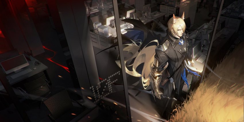 1boy, animal_ears, arknights, baizelangtai_(hallyswift), bishounen, black_coat, blonde_hair, blue_shirt