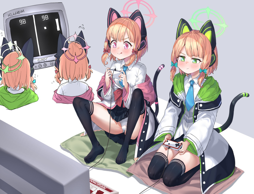 2girls, :q, animal_ear_headphones, animal_ears, black_skirt, black_thighhighs, blonde_hair, blue_archive